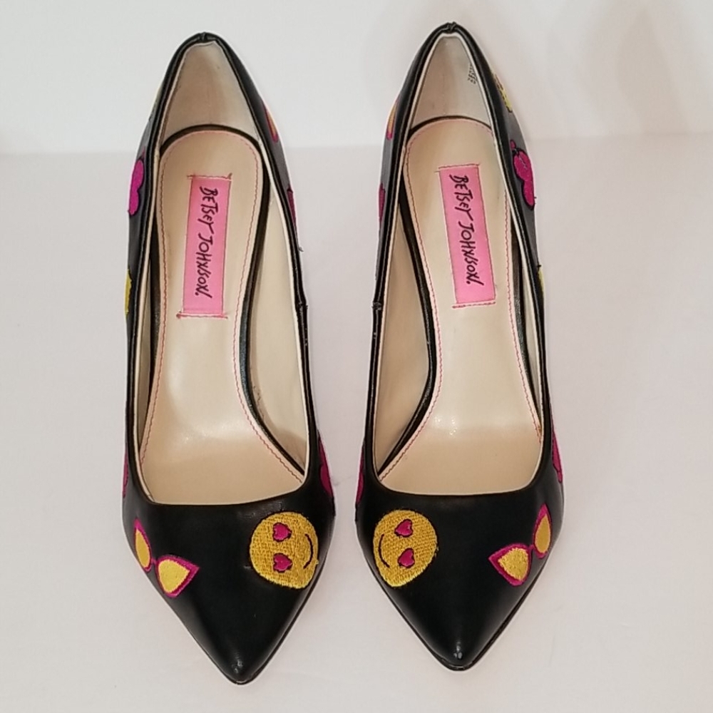 Betsey Johnson Black Heels with Pink and Yellow Accents - Picture 2 of 10